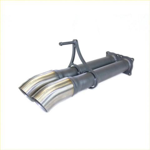 Back side of redback muffler delete dual exhaust system with polished stainless steel tips and black tubing for landcruiser