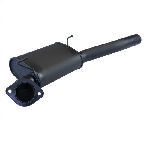 Black metal cylindrical exhaust muffler with flanged mounting bracket and pipe for redback performance 2.5 rear muffler ford falcon au irs