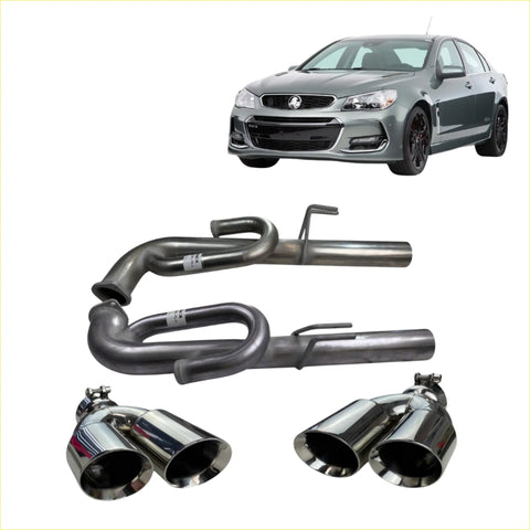 Shiny chrome dual-exhaust anti drone tail pipes for holden commodore ve vf shown from the back side