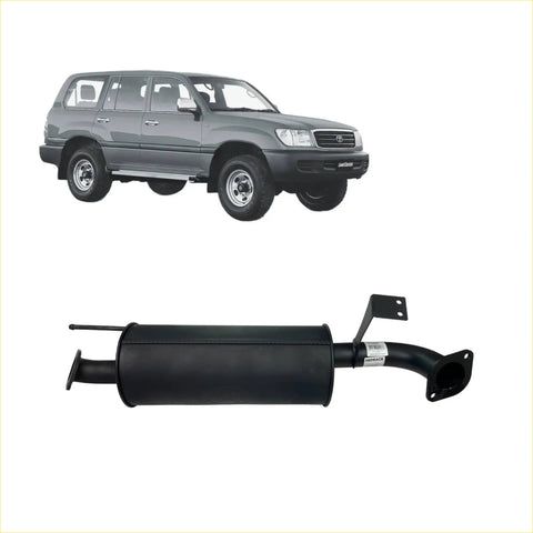 Black cylindrical redback performance centre muffler assembly with flanged ends for toyota landcruiser shown from back