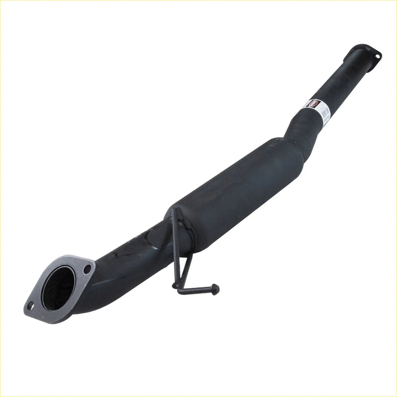 Black catalytic converter with flanged inlet and mounting bracket showing the back side for ford territory exhaust