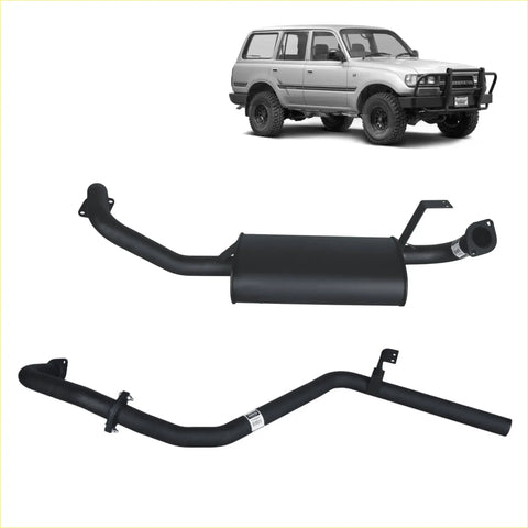 Black aftermarket Redback performance exhaust system for Toyota Landcruiser 80 series with cylindrical muffler and curved pipes