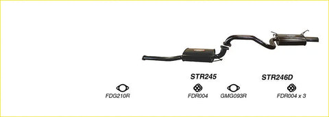Black metal redback performance exhaust system with curved pipes and central muffler shown from the back side