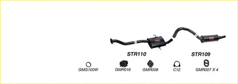 Black redback performance exhaust system with central resonator and red logo badges on the back side housing