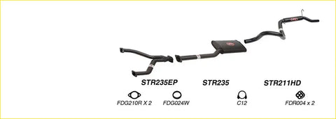 Black metal redback performance exhaust system for ford falcon with central resonator and curved pipes featuring str branding