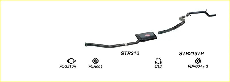 Black redback performance exhaust system for ford falcon showing back side with central resonator and curved pipes