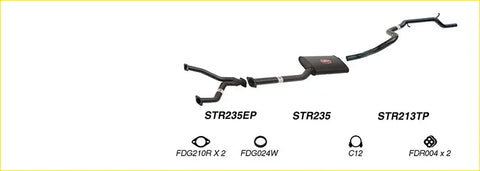 Black Redback performance exhaust system for Ford Falcon with central resonator and curved pipes showing model IDs str235ep str235 str213tp