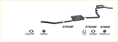 Black redback performance exhaust system for ford falcon with central resonator and flared tailpipe showing back view