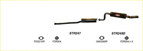 Black redback performance exhaust system for ford falcon showing back side with central muffler and curved tailpipe