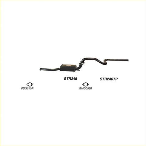 Black metal redback performance exhaust system with central muffler and curved pipes for ford falcon 09 2002 back view