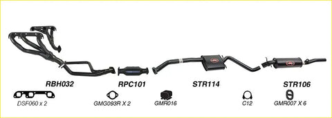Black redback performance exhaust system for holden calais with catalytic converter and red logo accents on mufflers