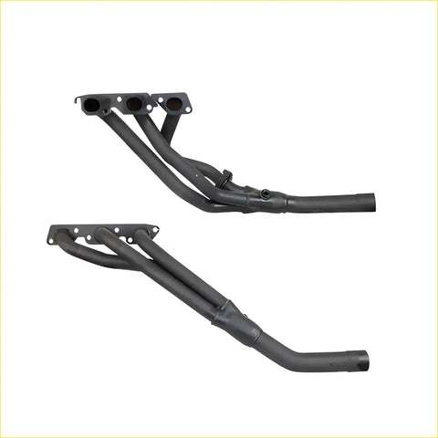 Black metal exhaust manifolds with matte finish and four cylindrical inlets for redback performance holden calais