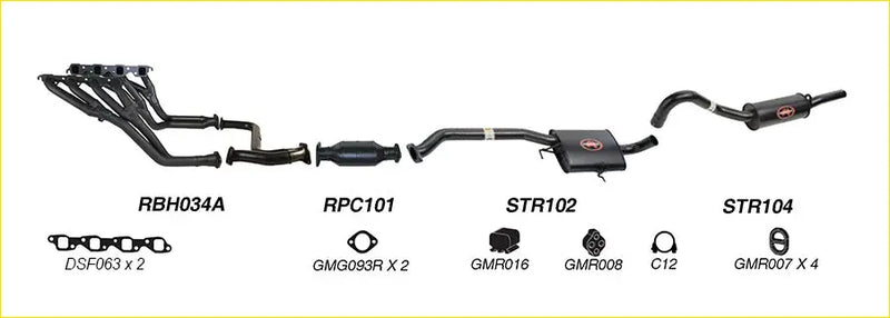 Black aftermarket Redback performance exhaust system with catalytic converter and red logo accents for Holden Calais back side