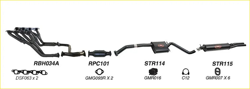 Black metal redback performance exhaust system components with red logo accents for holden caprice back side