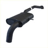 Black metal exhaust manifold with curved pipes and rectangular housing for redback performance system on holden commodore
