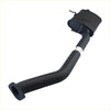 Black metal exhaust pipe with curved design and rectangular muffler housing for redback performance exhaust system backside