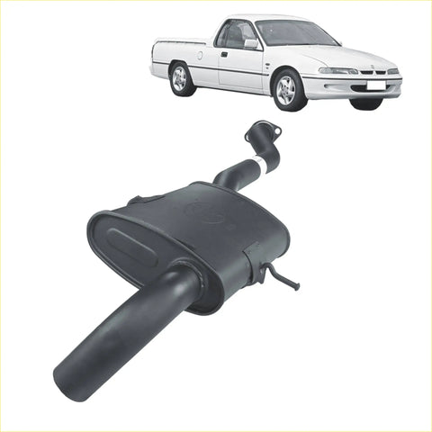 Black curved cylindrical exhaust manifold with metallic fittings for redback performance system on holden commodore back side