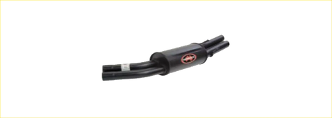 Black metal exhaust pipe with red redback logo on the side for holden statesman performance system back view