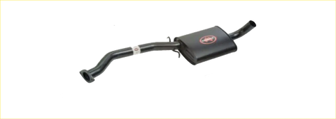 Black redback performance exhaust system with red logo on rectangular housing for holden vl commodore sedan back side