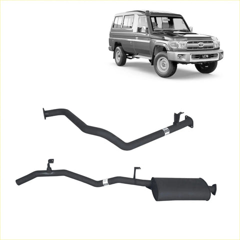 Black aftermarket metal exhaust system components for toyota landcruiser lc78 redback performance back side view