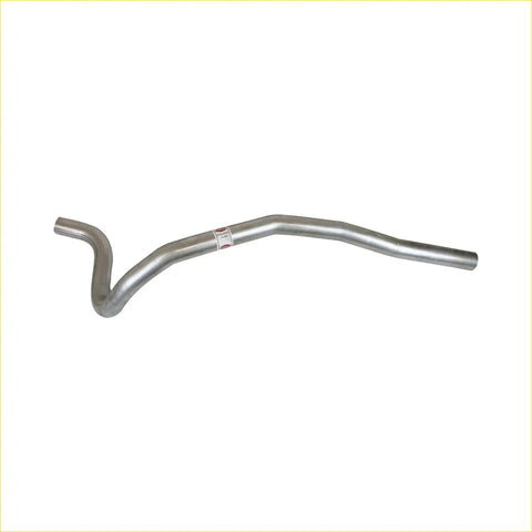 Silver metallic s-shaped exhaust tailpipe with smooth cylindrical surface for redback performance ford falcon 1969 back view