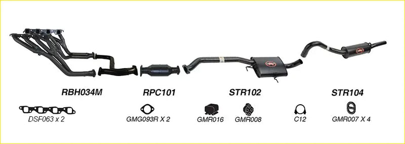 Black Redback Performance Headers and 2.5 inch exhaust system for Holden showing labeled model number parts from back side