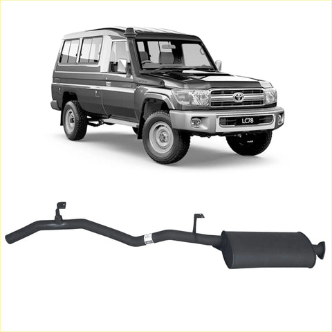 Black aftermarket exhaust tailpipe assembly for toyota landcruiser lc78 showing the back side