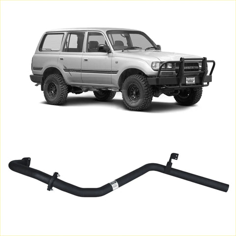 Black tubular front bumper guard for toyota land cruiser shown as part of redback performance tailpipe assembly