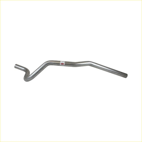Silver metallic redback sports tailpipe with s-shaped curve and label for ford falcon 1966 to 1972 back side view