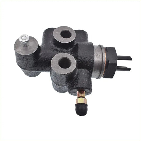 Black cast iron rhs brake load sensing proportioning valve with silver fittings and black rubber cap shown from back side