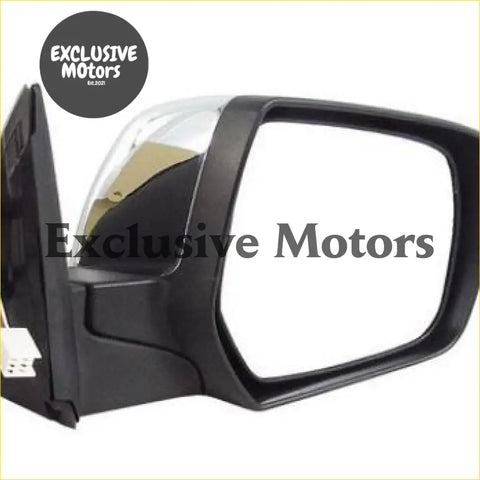 Black plastic right-hand side mirror with chrome accent for Ford Courier electric model 1999-2006 back view