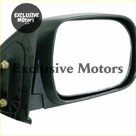 Black plastic right hand side mirror with rectangular reflective surface and mounting hardware for Toyota Hilux 2005-2015