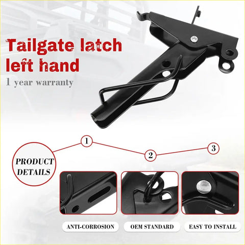 Black metal left-hand tailgate latch with anti-corrosion finish for ranger 500 570 800 gem e2 e4 back side view