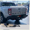 Black and tan rockarmor steel rear step and towbar bumper for ford ranger wildtrak 2012-2020 4wd ute offroad use