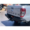 Black steel rockamor elite rear step bumper with towbar and red accents on silver ford ranger 4wd ute offroad