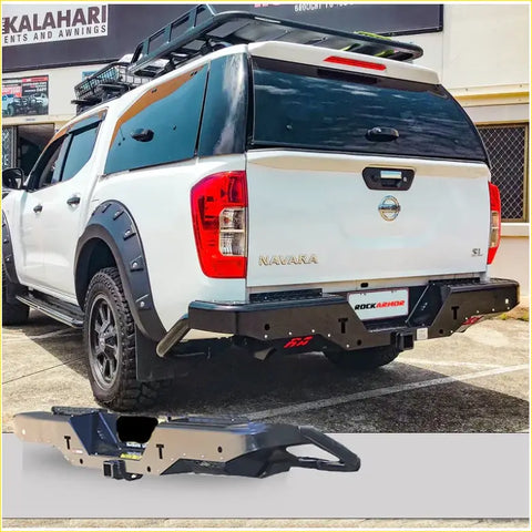 Black and tan steel rockarmor rear bumper with tow hooks for nissan navara np300 4wd ute offroad use back view