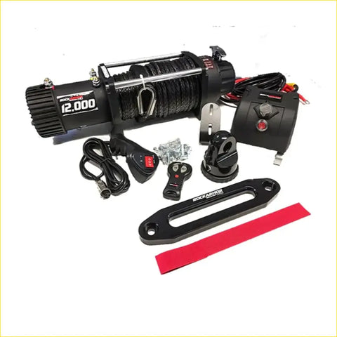 Black rockauto 12000 pound electric winch with coiled rope and controls for offroad 4wd ute in rockamor steel bullbar combo