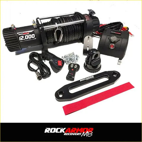 Black 12 000 lb capacity rockarmor 4x4 bullbar winch with synthetic rope and wireless remote for offroad 4wd and ute use