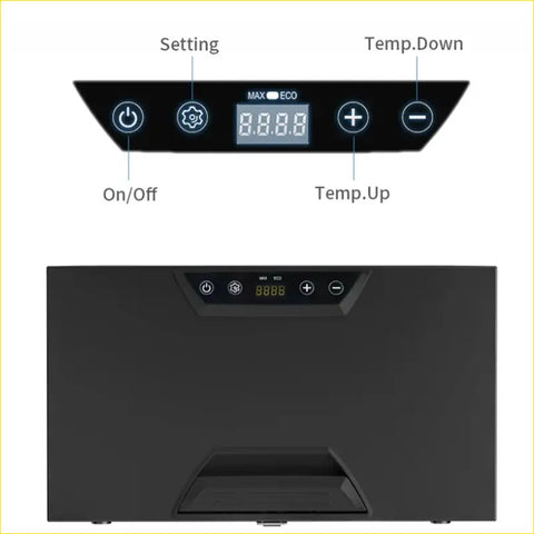 Black digital control panel with illuminated buttons on rockarmor 31 litre vehicle draw fridge for 4wd and offroad use