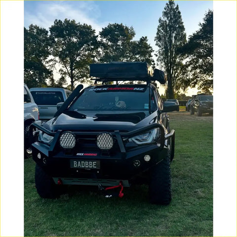 Black rugged offroad 4wd ute with rockarmor brushbar and roof rack for isuzu dmax 2017-2020 front view