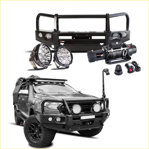 Black rugged steel rockarmor elite bullbar with led lights and winch for ford ranger px ute 4wd offroad use