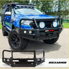Black Rockarmor elite bullbar front bumper with circular lights rugged design for Ford Ranger 4wd ute offroad use