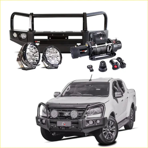 Black rugged steel Rockarmor Elite bullbar frontal combo with integrated led lights and winch for Holden Colorado 4wd ute offroad
