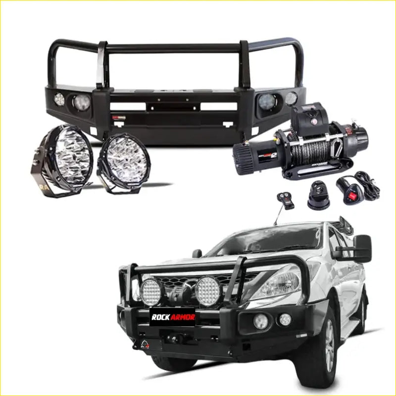 Black rockarmor elite bullbar frontal combo for mazda bt-50 2012-2019 with led lights and winch system for 4wd ute offroad