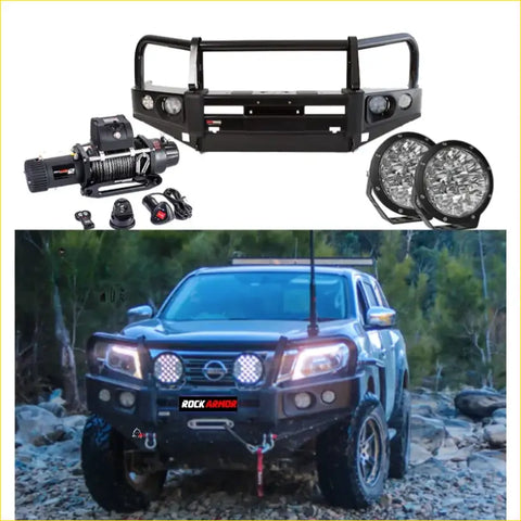 Black rockarmor elite bullbar front bumper with led lights and winch mount for nissan navara np300 ute 4wd offroad