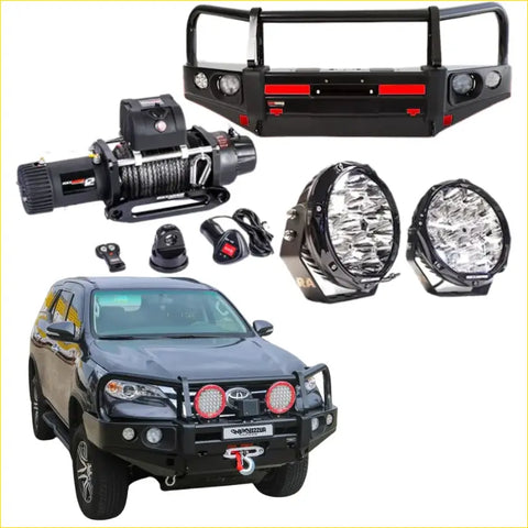 Black rugged Rockarmor Elite Bullbar front bumper with integrated winch and red lights for Toyota Fortuner offroad 4wd ute