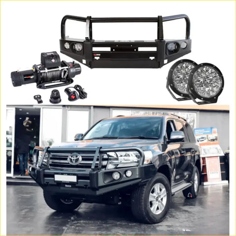 Black rugged steel rockarmor elite bullbar front bumper with integrated lights for 4wd toyota land cruiser ute offroad