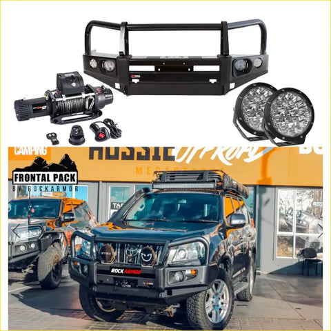 Black rockarmor front bullbar with integrated lights and winch for tough offroad 4wd and ute toyota prado 150