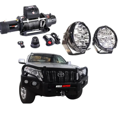 Black steel rockarmor elite hoop bullbar combo with integrated winch and led lights for toyota prado 4wd offroad