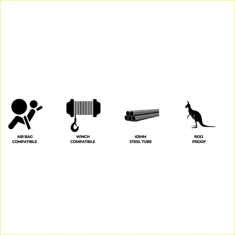 Black silhouette icons showing airbag and winch compatibility 63mm steel tube and roo proof for rockarmor elite hoop steel bullbar ford ranger px ute offroad